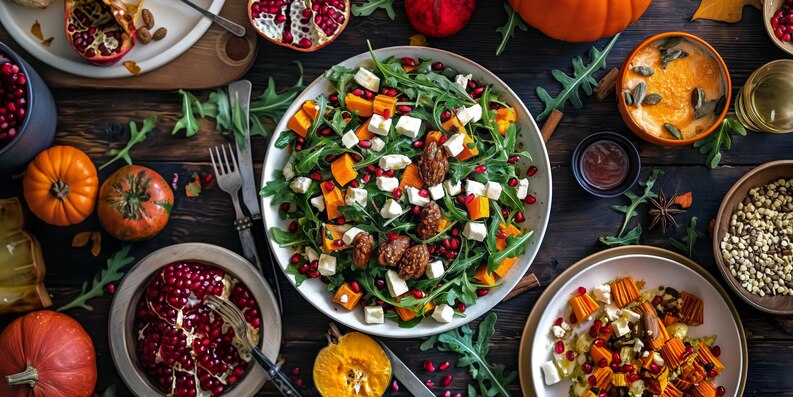 [freepicdownloader.com]-thanksgiving-spread-with-roasted-pumpkin-salad-with-arugula-feta-cheese-pomegranate-seeds-medium.jpg